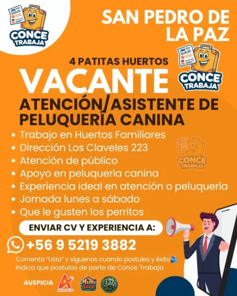 Oferta laboral para Asistente de Peluquería Canina en 4 Patitas Huertos, San Pedro de la Paz, publicada en Conce Trabaja
