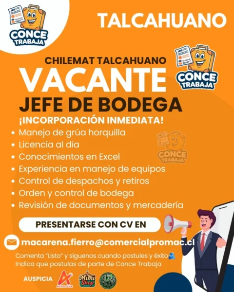 Oferta laboral para Jefe de Bodega en Chilemat Talcahuano, Talcahuano, publicada en Conce Trabaja